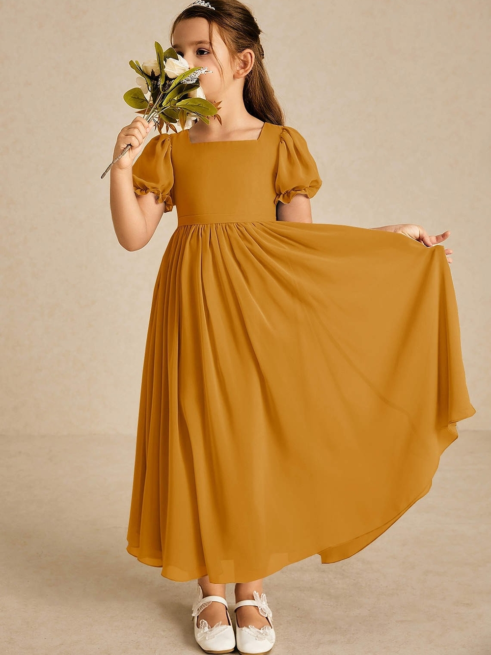 Azazie Mustard Puff-Sleeve Chiffon Flower Girl Dress
